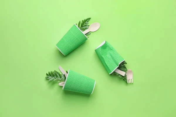 Used Cups Cutlery Color Background Recycling Concept — Φωτογραφία Αρχείου