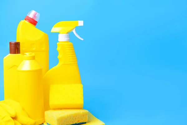 Set Cleaning Supplies Color Background — Stock Photo, Image