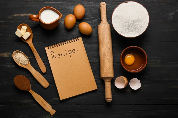 Ingredients Preparing Bakery Notebook Dark Wooden Background — Stock Photo, Image