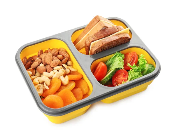 Σχολικό Κουτί Μεσημεριανού Γεύματος Νόστιμο Φαγητό Λευκό Φόντο — Φωτογραφία Αρχείου