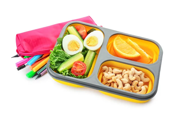 School Lunch Box Tasty Food Stationery White Background — Stock Photo, Image