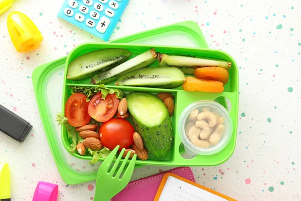 School Lunch Box Tasty Food Stationery Table — Stock Photo, Image