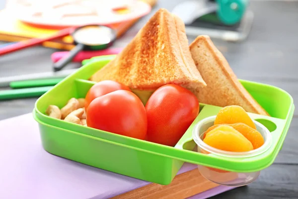 School Lunch Box Tasty Food Stationery Table — Stock Photo, Image