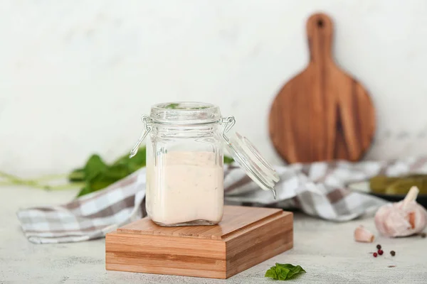 Jar Tasty Sauce White Table — Stock Photo, Image