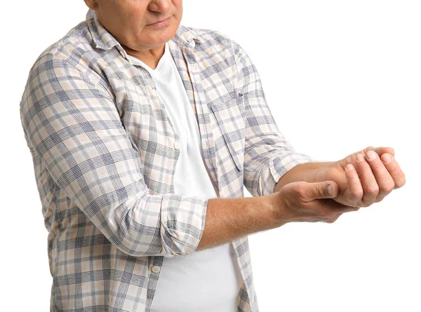 Uomo Anziano Affetto Sindrome Parkinson Sfondo Bianco — Foto Stock