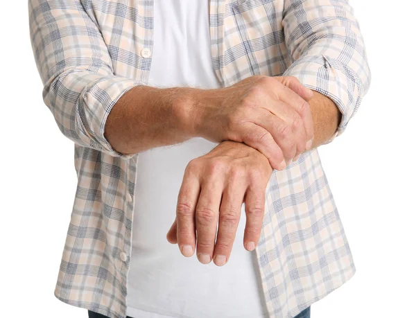 Oudere Man Met Het Syndroom Van Parkinson Witte Achtergrond Close — Stockfoto