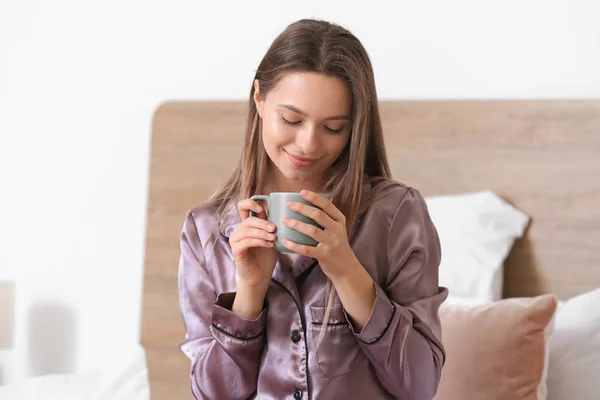 Morning Beautiful Young Woman Drinking Coffee Bedroom — Stock Photo, Image