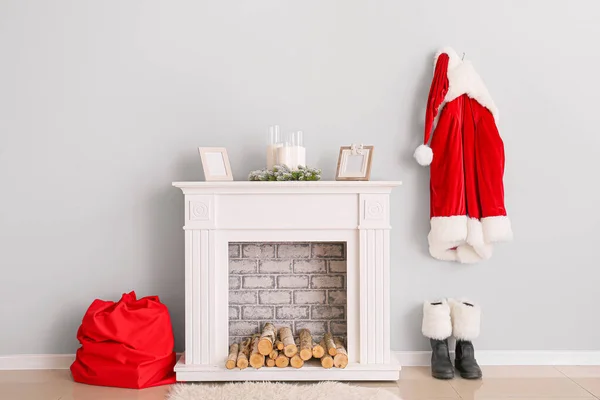 Santa Claus Costume Hanging Wall Fireplace Room — Stock Photo, Image