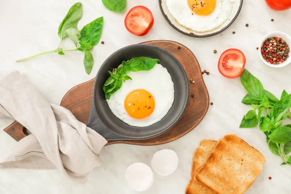 Fried Eggs Toasted Bread Spices White Background — Stock Photo, Image