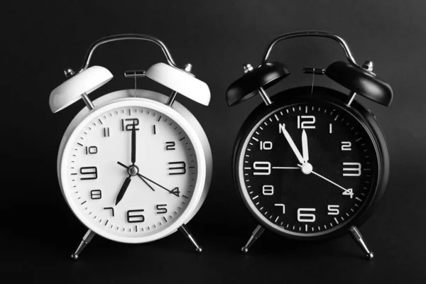 Alarm Clocks Dark Background Time Management Concept — Stock Photo, Image