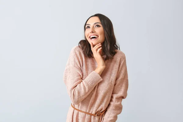 Beautiful Young Woman Warm Sweater Light Background — Stock Photo, Image