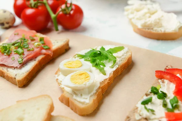 Different Sandwiches Tasty Cream Cheese Table Closeup — Stock Photo, Image