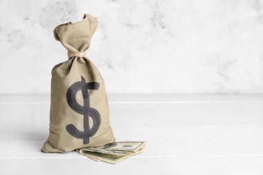 Beyaz arka planda para ve dolar banknotları olan çanta.
