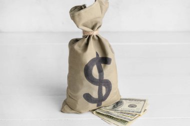 Beyaz arka planda para ve dolar banknotları olan çanta.