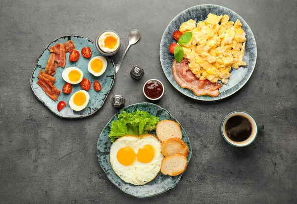 Different Tasty Dishes Eggs Coffee Table — Stock Photo, Image