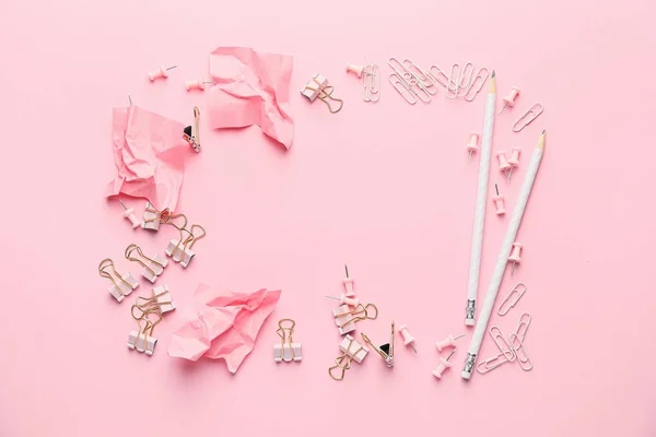 Frame Made Stationery Pink Background — Stock Photo, Image