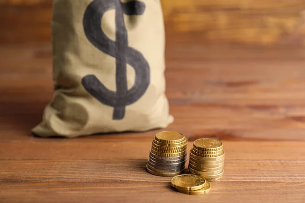 Coins Bag Money Wooden Background — Stock Photo, Image