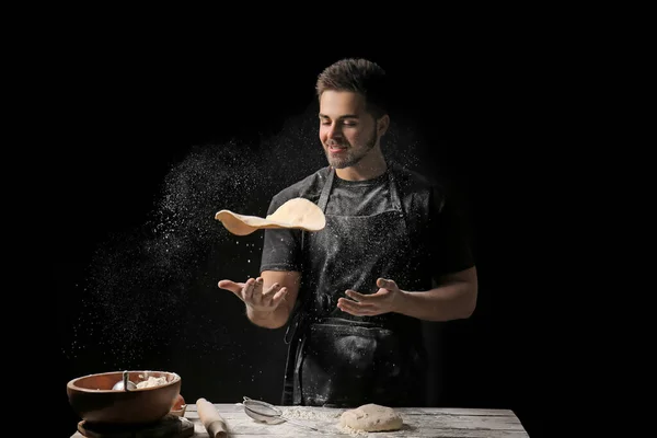 Man Kneading Dough Kitchen — Stock Photo, Image