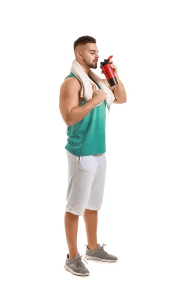 Sportig Man Med Protein Shake Vit Bakgrund — Stockfoto