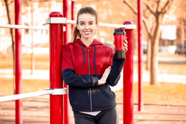 Sporty Young Woman Protein Shake Outdoors — Stock Photo, Image