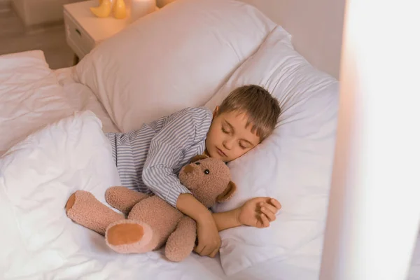 Cute Little Boy Sleeping Bed Night — Stock Photo, Image