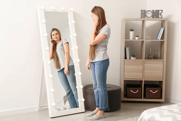 Displeased Young Woman Mirror Home — Stock Photo, Image