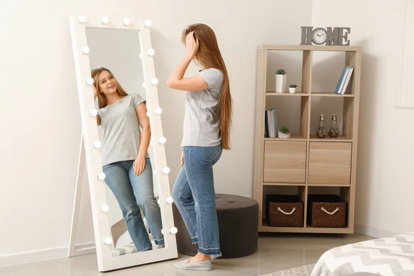 Beautiful Young Woman Looking Her Reflection Mirror — 스톡 사진