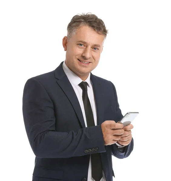 Ältere Geschäftsmann Mit Handy Auf Weißem Hintergrund — Stockfoto