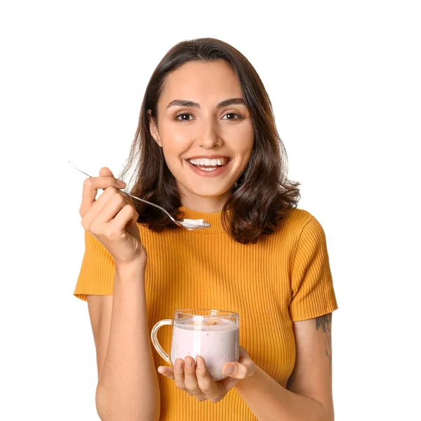 Jovem Com Iogurte Saboroso Fundo Branco — Fotografia de Stock