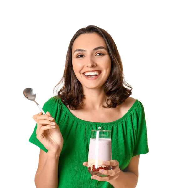 Junge Frau Mit Leckerem Joghurt Auf Weißem Hintergrund — Stockfoto