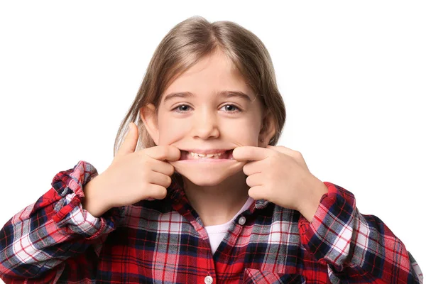 Menina Feliz Com Dentes Saudáveis Fundo Branco — Fotografia de Stock