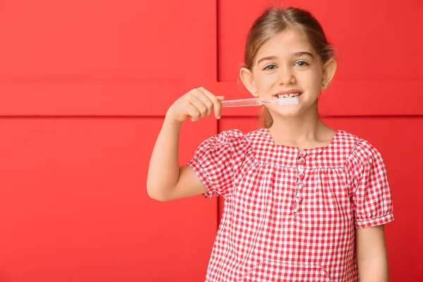 Cute Little Girl Toothbrush Color Background — Stock Photo, Image