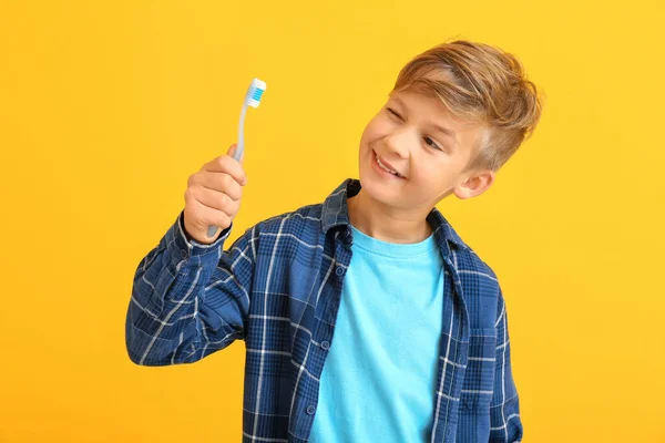 Cute Little Boy Toothbrush Color Background — Stock Photo, Image