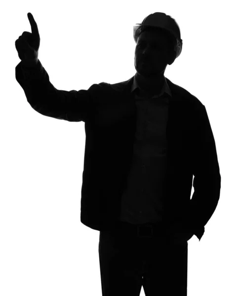 Silhouette Male Engineer Showing Something White Background — Stock Photo, Image