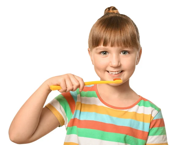 Niña Con Cepillo Dientes Sobre Fondo Blanco — Foto de Stock