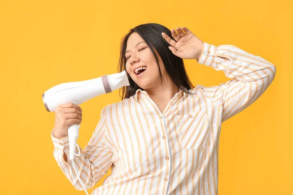 Beautiful Asian Woman Hair Dryer Color Background — Stock Photo, Image