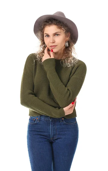 Beautiful Young Woman Warm Sweater White Background — Stock Photo, Image