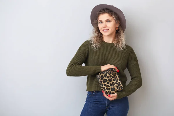 Beautiful Young Woman Warm Sweater Light Background — Stock Photo, Image