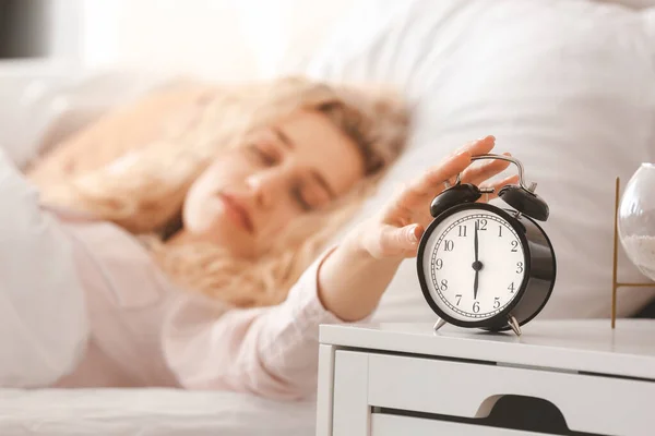 Morning Beautiful Young Woman Turning Alarm Clock — Stock Photo, Image