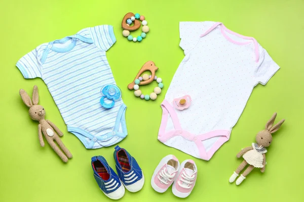 Baby Clothes Accessories Color Background — Stock Photo, Image