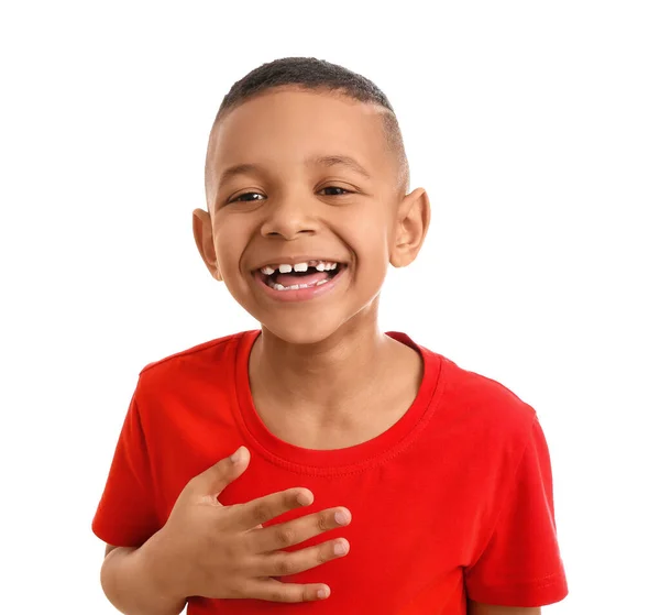 Glücklich Afrikanisch Amerikanischer Junge Auf Weißem Hintergrund — Stockfoto