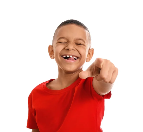 Feliz Niño Afroamericano Riendo Sobre Fondo Blanco —  Fotos de Stock