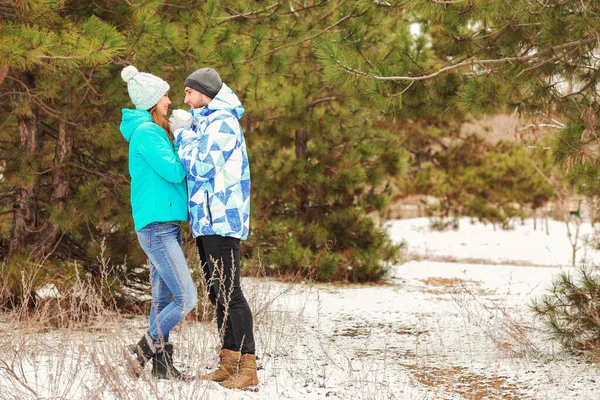 Glückliches Junges Paar Einem Wintertag Park — Stockfoto