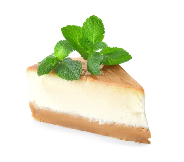Slice Sweet Caramel Cheesecake White Background — Stock Photo, Image