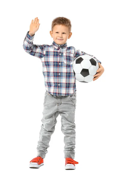 Roztomilý Malý Chlapec Fotbalovým Míčem Bílém Pozadí — Stock fotografie