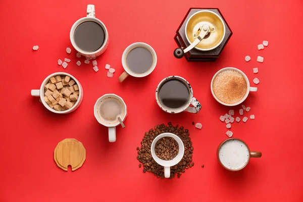 Kopjes Koffie Met Suiker Kleur Achtergrond — Stockfoto