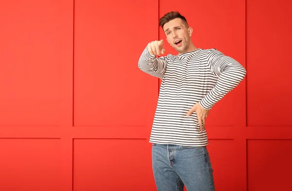 Happy Man Pointing Viewer Color Background — Stock Photo, Image