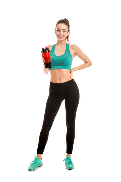 Sportliche Junge Frau Mit Proteinshake Auf Weißem Hintergrund — Stockfoto