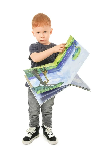 Cute Little Boy Reading Book White Background — Stock Photo, Image