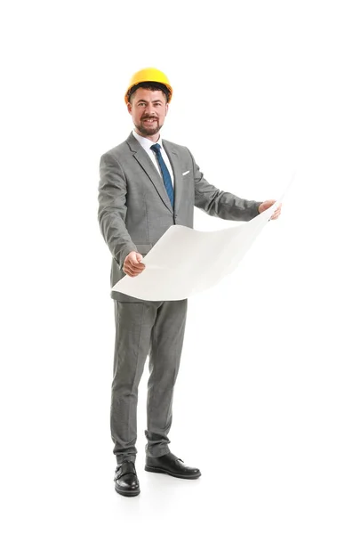 Ingénieur Masculin Avec Dessin Sur Fond Blanc — Photo